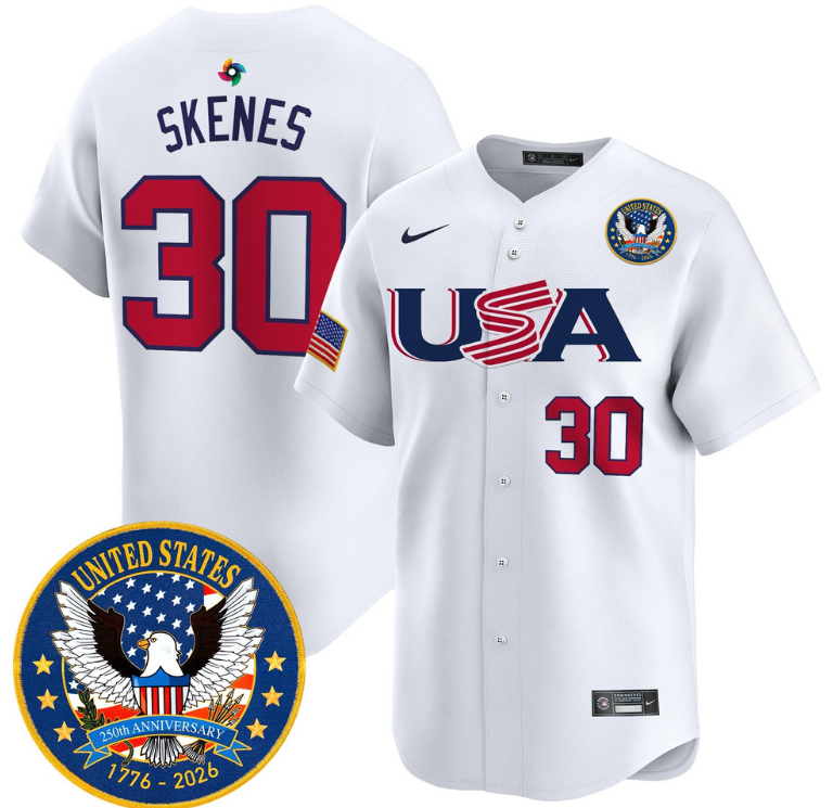 Men Team USA World Baseball Classic 250th Anniversary #30 Skenes white 2026 Roster Patch Vapor Jersey